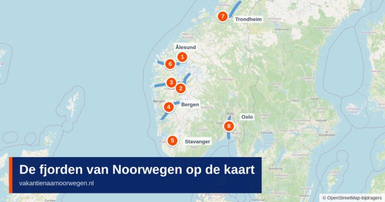 Kaart van Noorwegen met de bekendste fjorden, waaronder de Geirangerfjord, Sognefjord, Hardangerfjord en Lysefjord