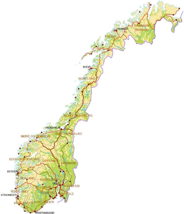 Normale landkaart van Noorwegen