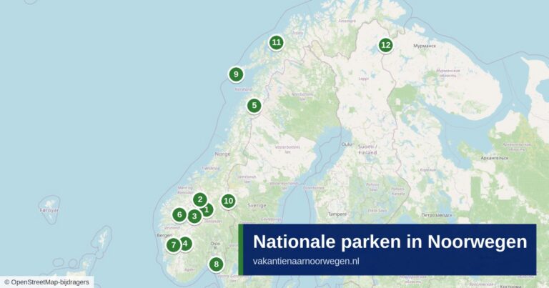 Kaart van Noorwegen met twaalf nationale parken, van Jotunheimen en Hardangervidda tot Lofotodden en Øvre Pasvik