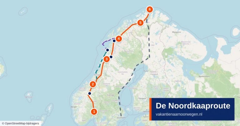 Kaart van de Noordkaaproute over de E6 van Oslo via Trondheim, Mo i Rana, Narvik en Alta naar de Noordkaap, met de omwegen via de kust, de Lofoten en Zweden