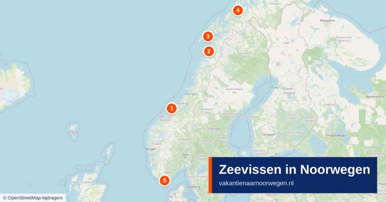 Kaart met de bekendste zeevisgebieden van Noorwegen