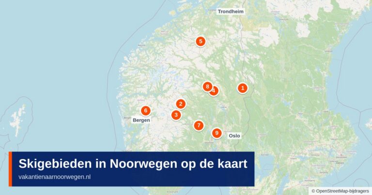 Kaart van Zuid-Noorwegen met de negen bekendste skigebieden, van Trysil en Hemsedal tot Skimore Oslo