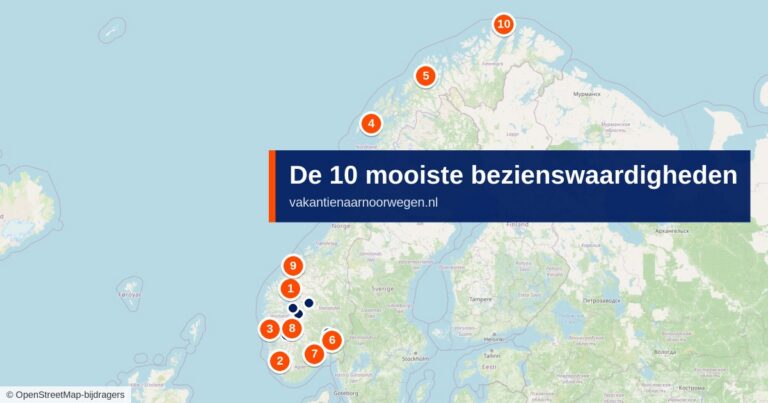 Kaart van Noorwegen met de tien mooiste bezienswaardigheden, van de Preikestolen en Bergen tot de Lofoten en de Noordkaap