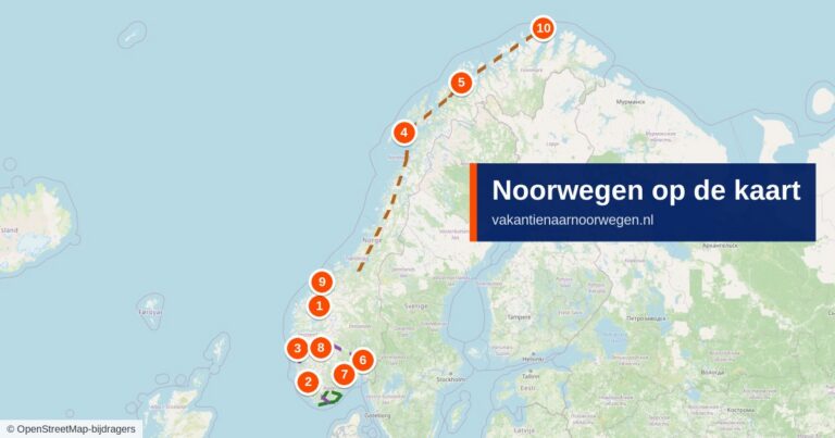 Kaart van Noorwegen met de tien mooiste bezienswaardigheden en routevoorbeelden van Zuid-Noorwegen tot de Noordkaap
