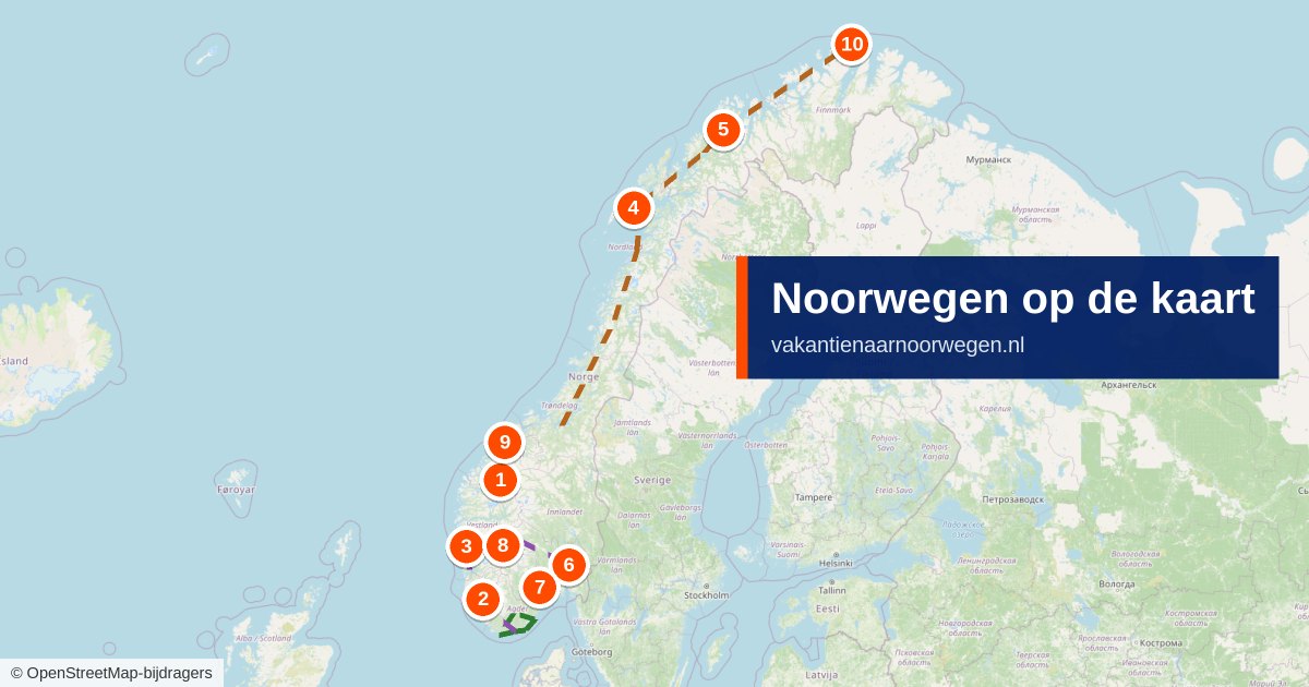 Kaart van Noorwegen met de tien mooiste bezienswaardigheden en routevoorbeelden van Zuid-Noorwegen tot de Noordkaap