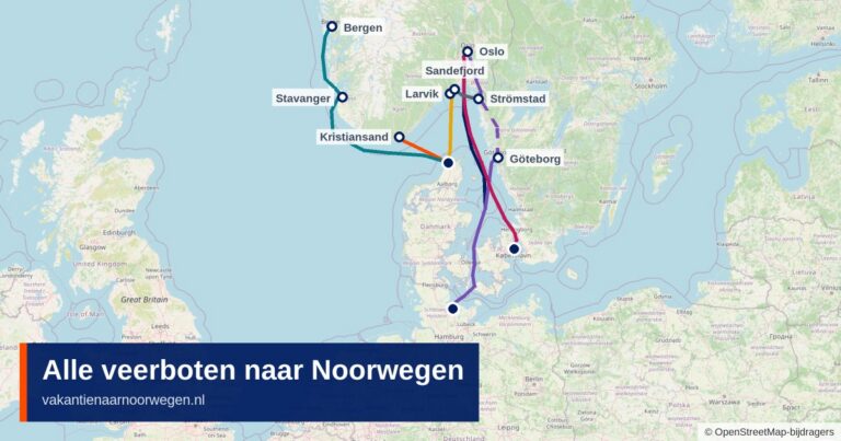 Kaart met alle ferryroutes naar Noorwegen vanuit Kiel, Hirtshals en Kopenhagen