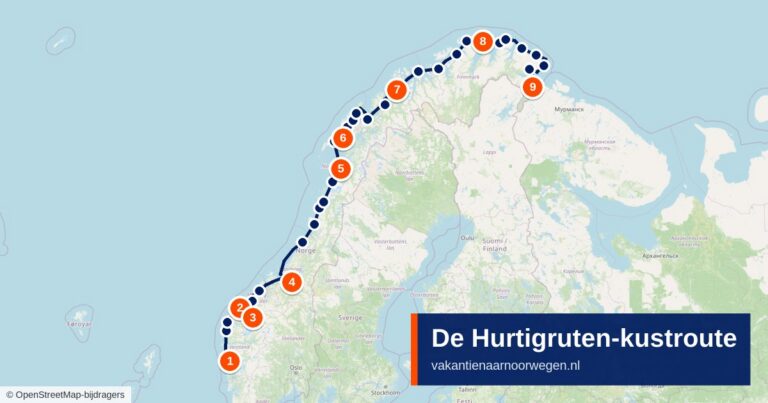 Kaart van de Hurtigruten-kustroute langs de Noorse kust, van Bergen via de Lofoten en Tromsø naar Kirkenes